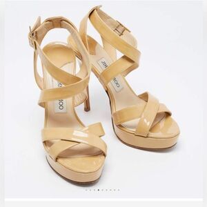 Jimmy Choo Lottie Crisscross Nude Beige Patent Leather Sandal Pump Women's 11
